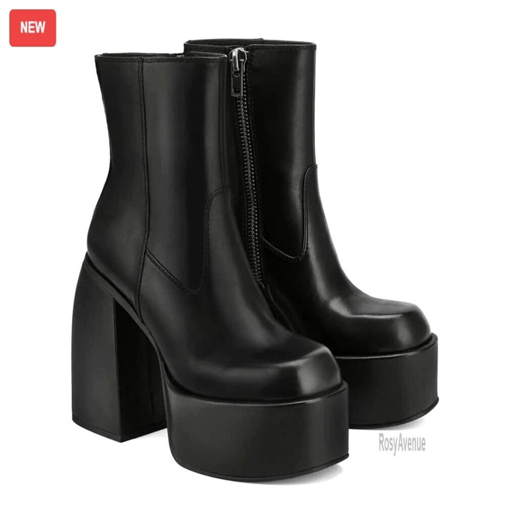 Chunky High Heel Ankle Boots Square Toe Side Zipper Platform PU Leather